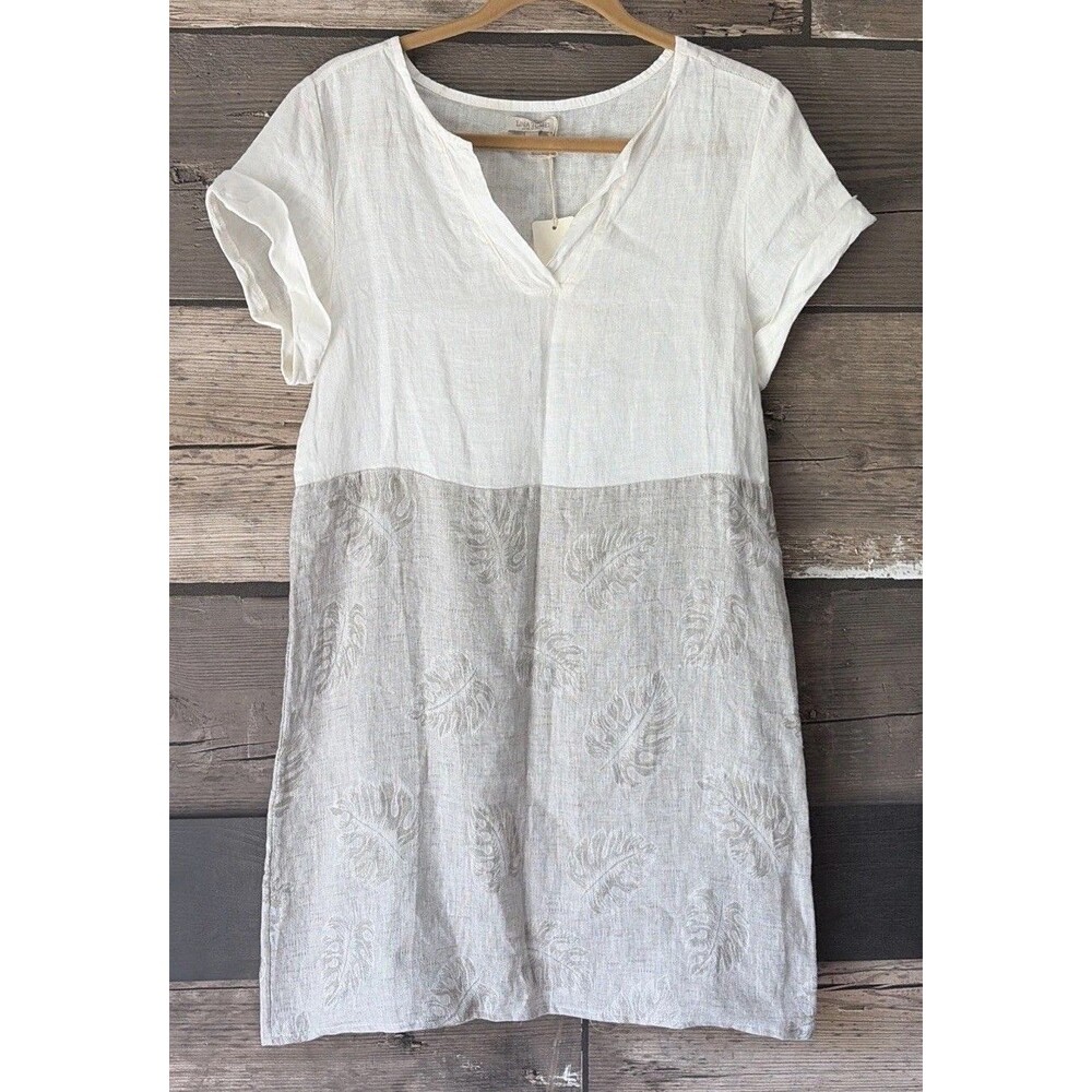 NWT LINA TOMEI Italy 100% Linen Short Sleeve Dress White Taupe Tropical Print S